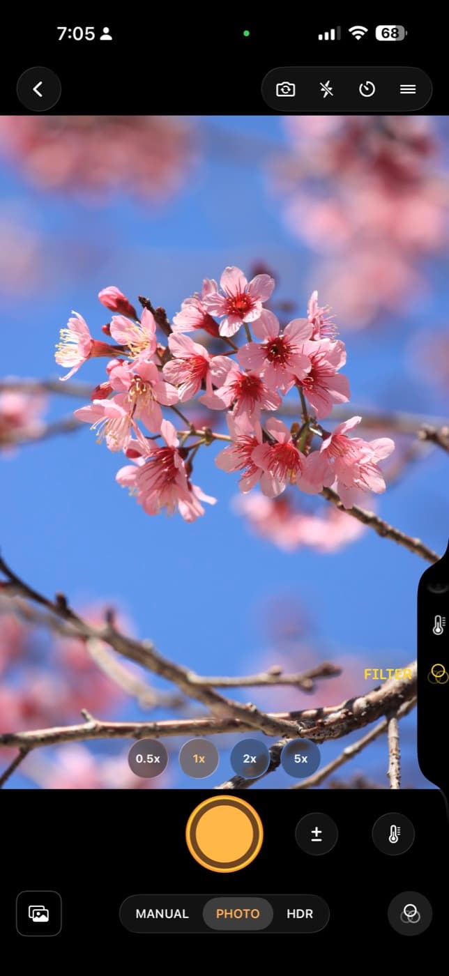 Filmera's camera with live exposure readout and lens selector
