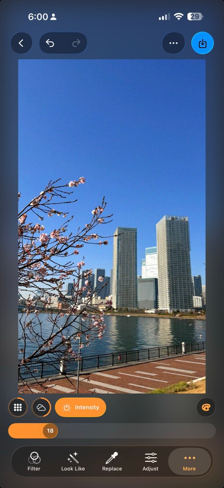 Filmera's film grain applied to a bright sky and city scene